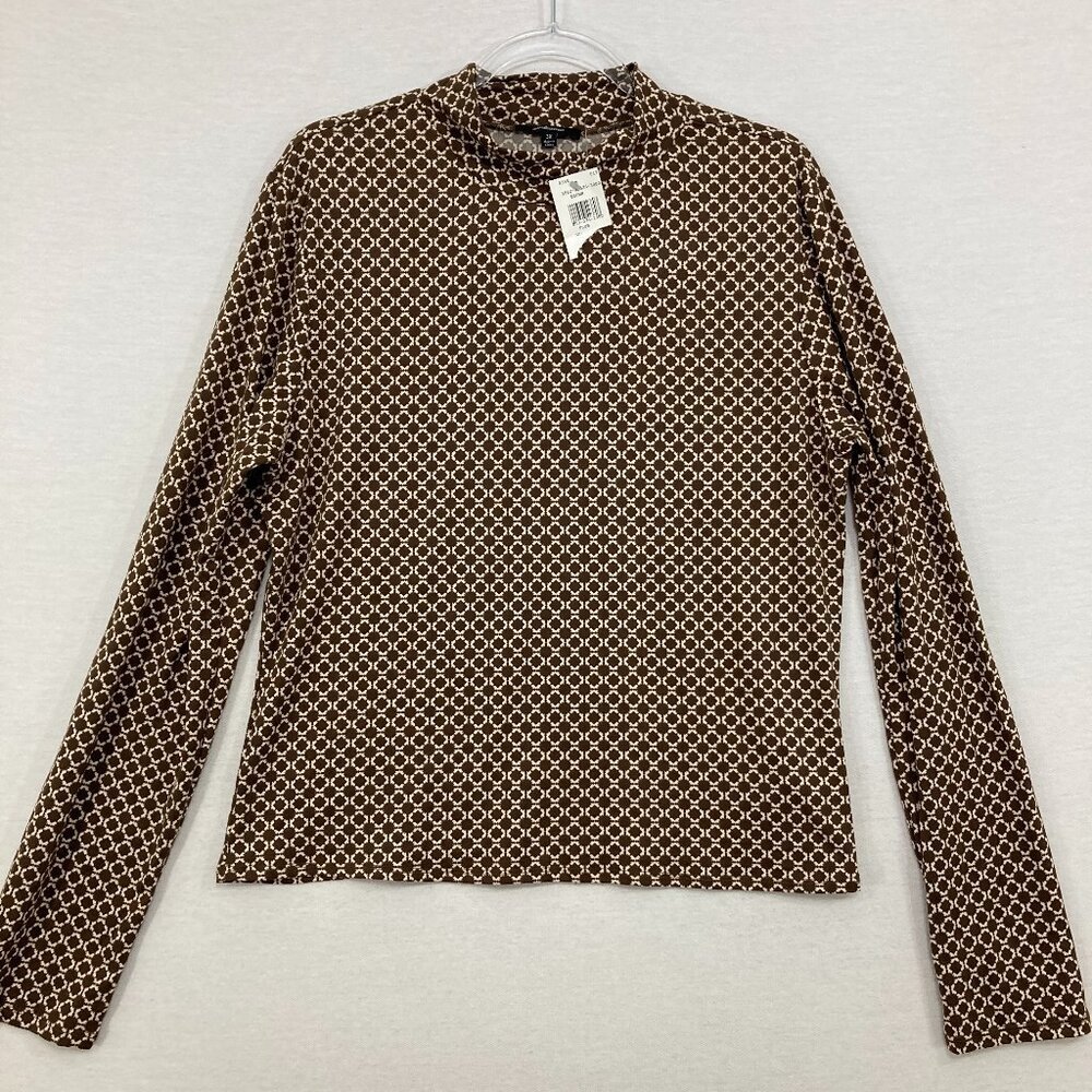 New Ambience 1X Brown Geometric Turtle Neck‎ Stretch Knit Long Sleeve Top